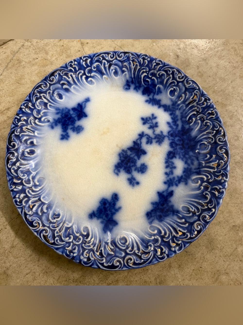 ANTIQUE LA BELLE CHINA FLOW BLUE PORCELAIN WHEELING POTTERY 8 3/4" PLATE Gold
